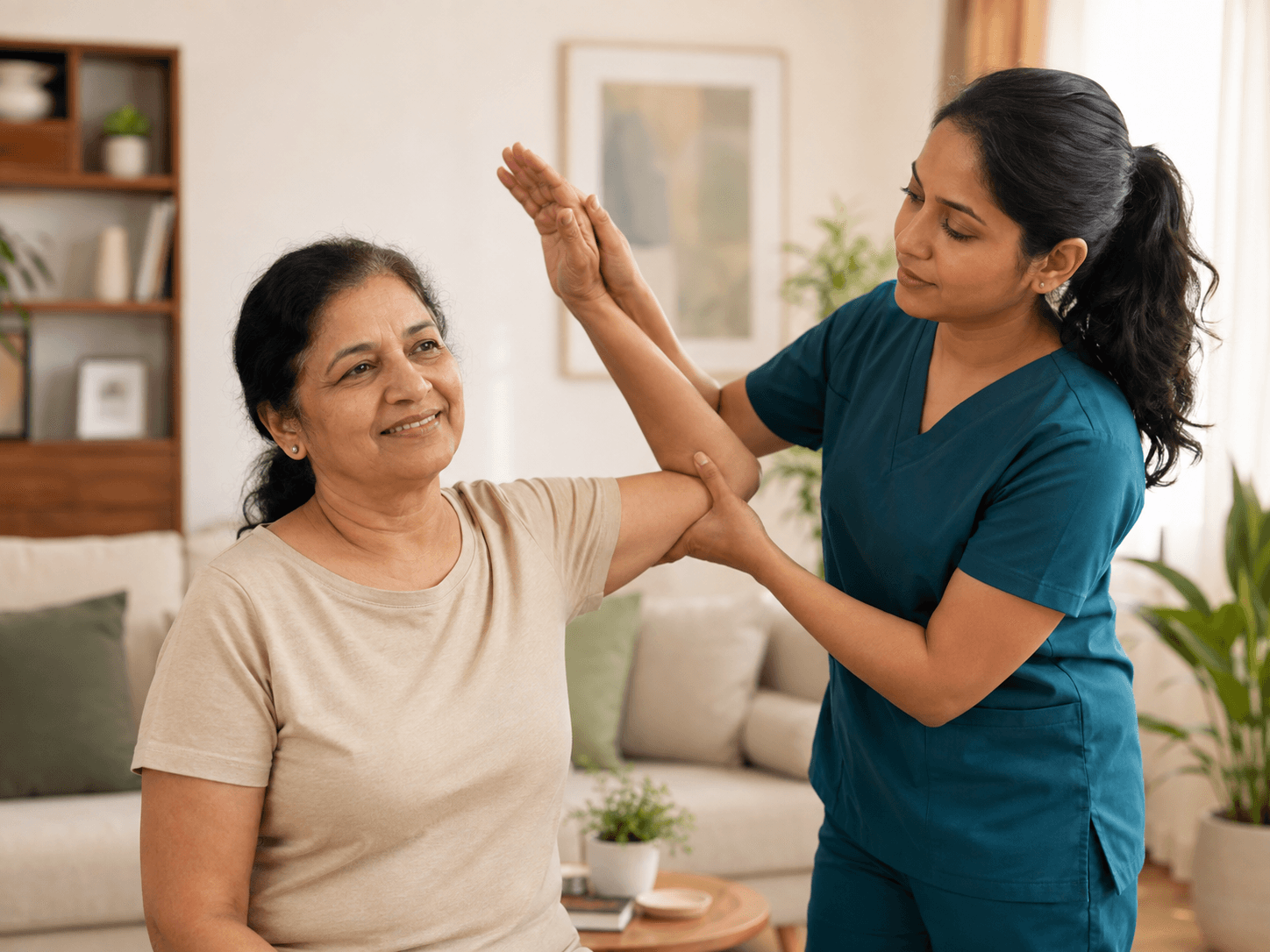 A PHYSYVA physiotherapist helping a patient with shoulder mobility at home